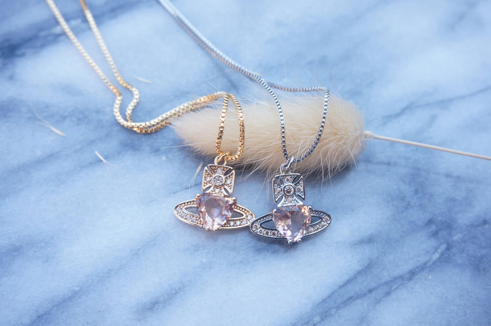 Regal Orb Pendant Necklace / Gold and Silver Peach Heart Gem Necklace