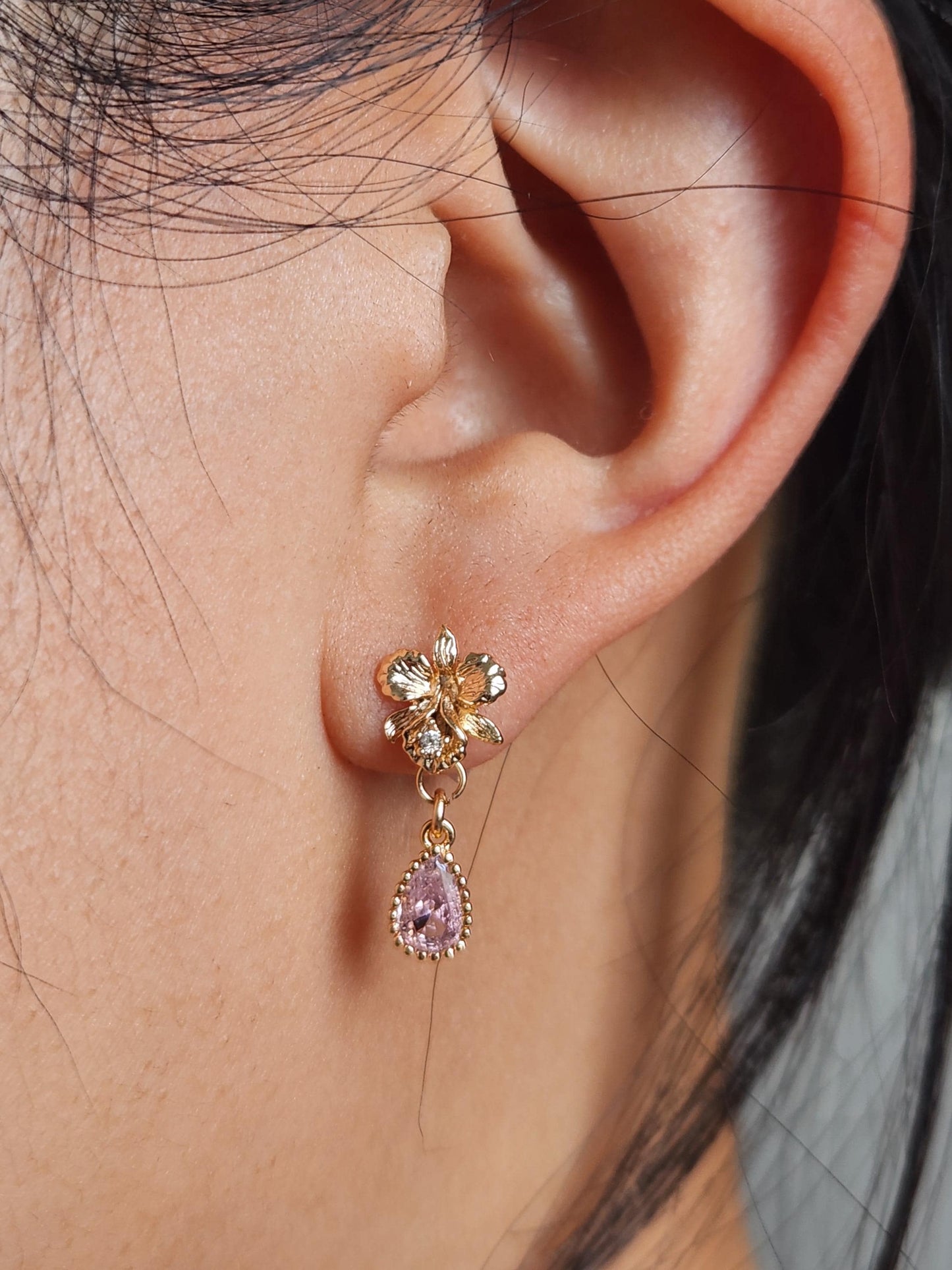 Sanderiana Orchid Gold Dainty Earrings