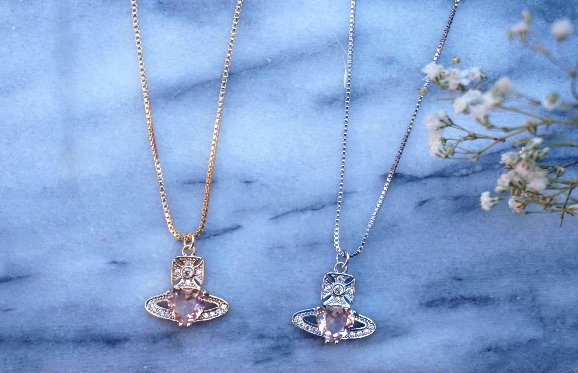 Regal Orb Pendant Necklace / Gold and Silver Peach Heart Gem Necklace