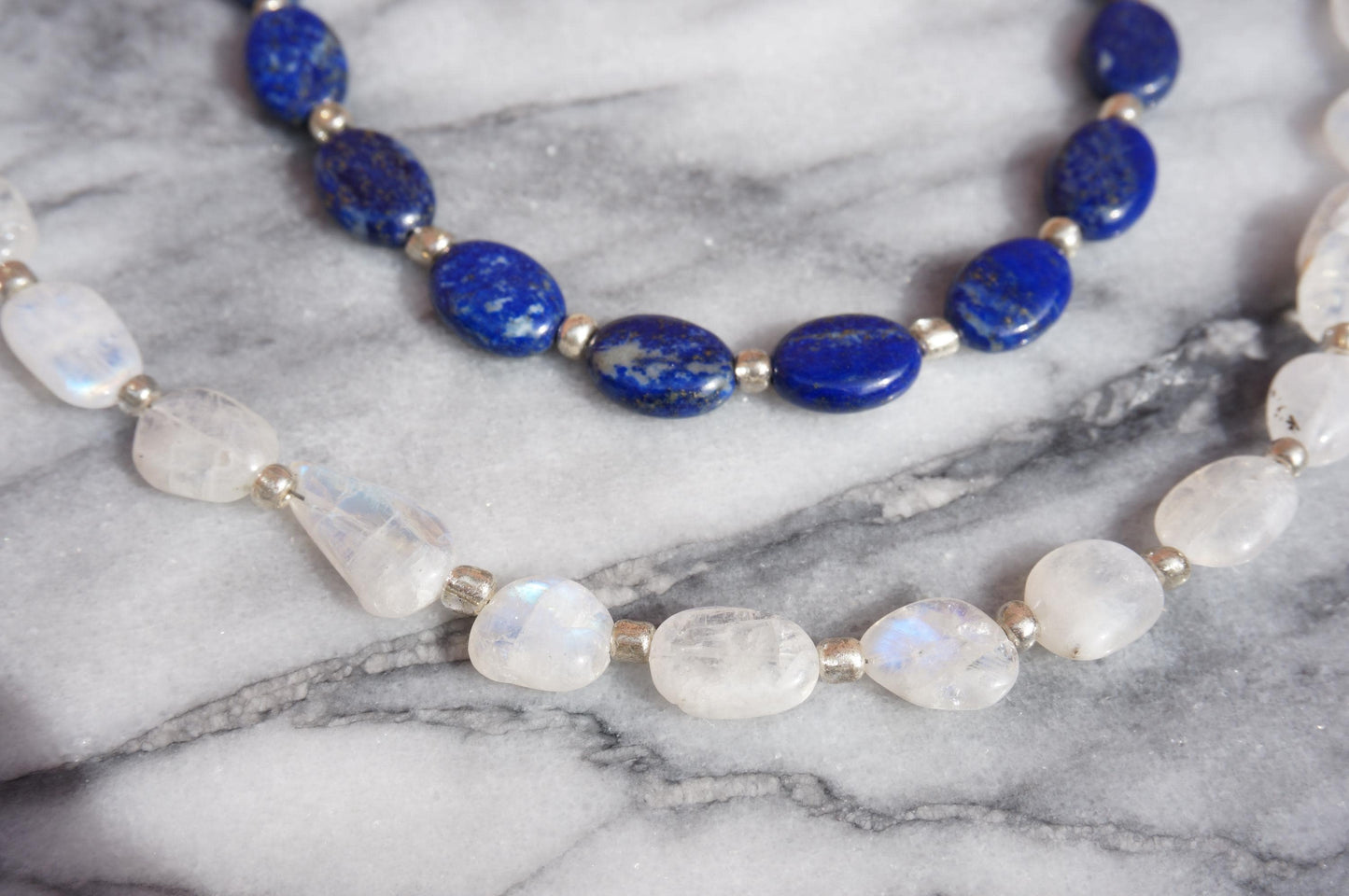 Semi-precious Stone Oval Bead Strand Necklaces / Blue, White Stone Bead Necklaces