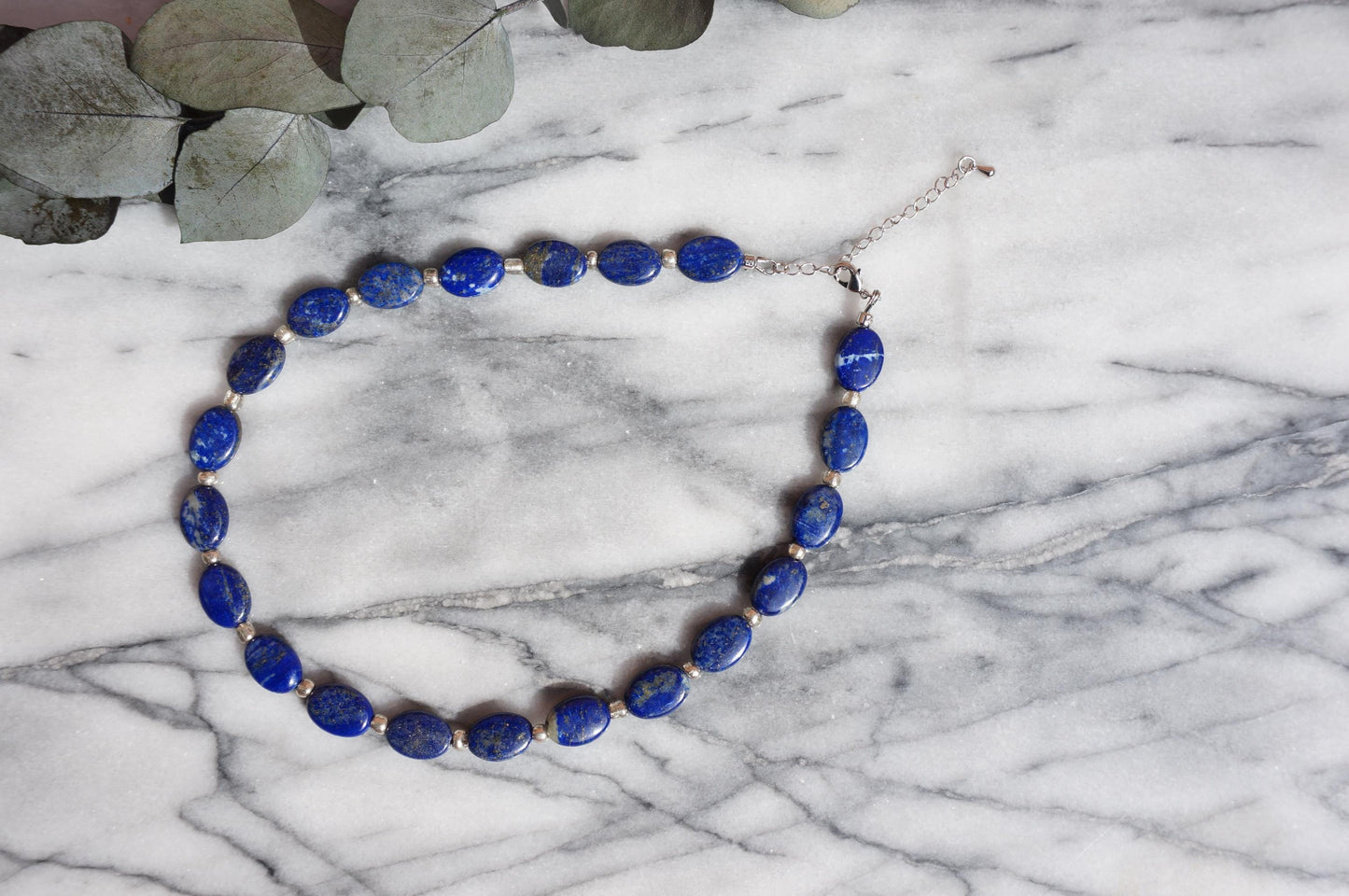 Semi-precious Stone Oval Bead Strand Necklaces / Blue, White Stone Bead Necklaces