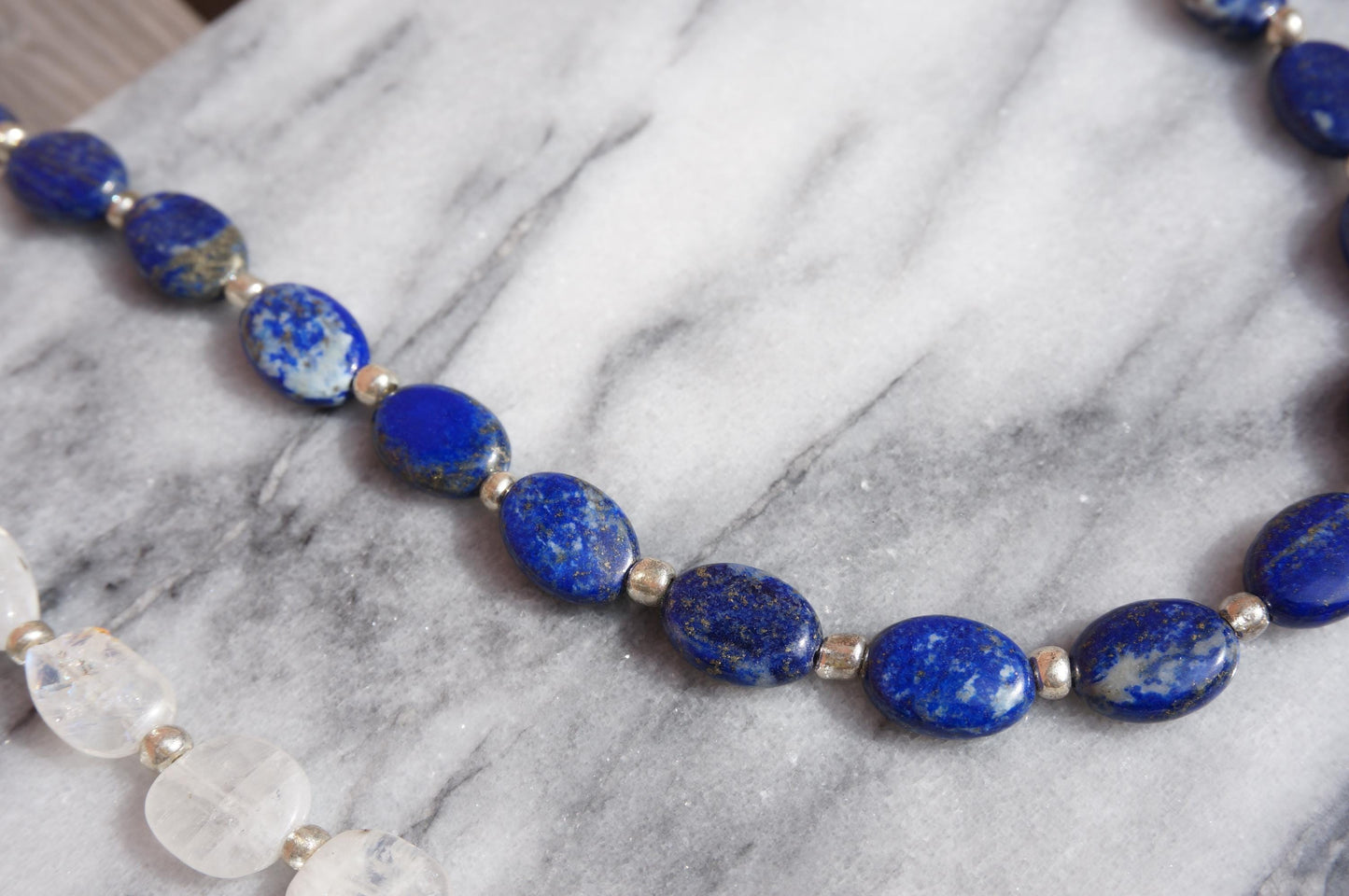 Semi-precious Stone Oval Bead Strand Necklaces / Blue, White Stone Bead Necklaces