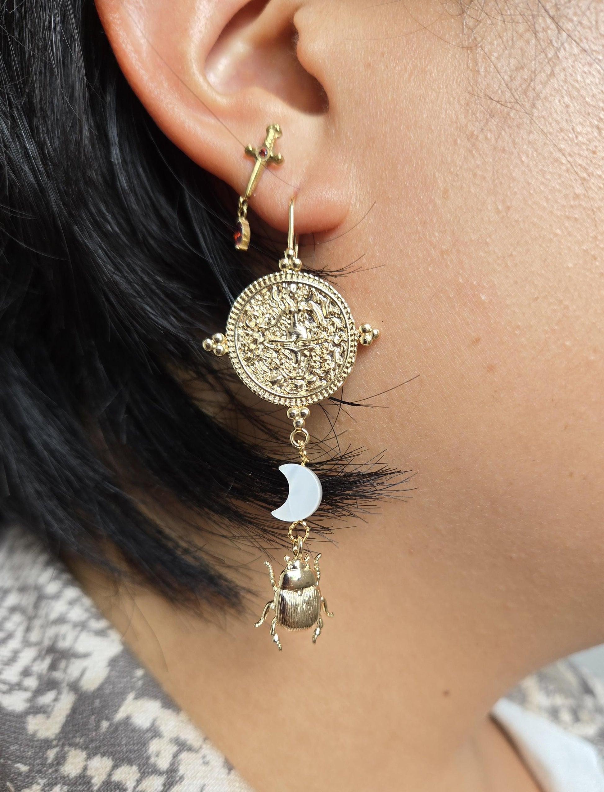KHONSU Gold Moon and Scarab Earrings/ Mother of Pearl Moon Beads
