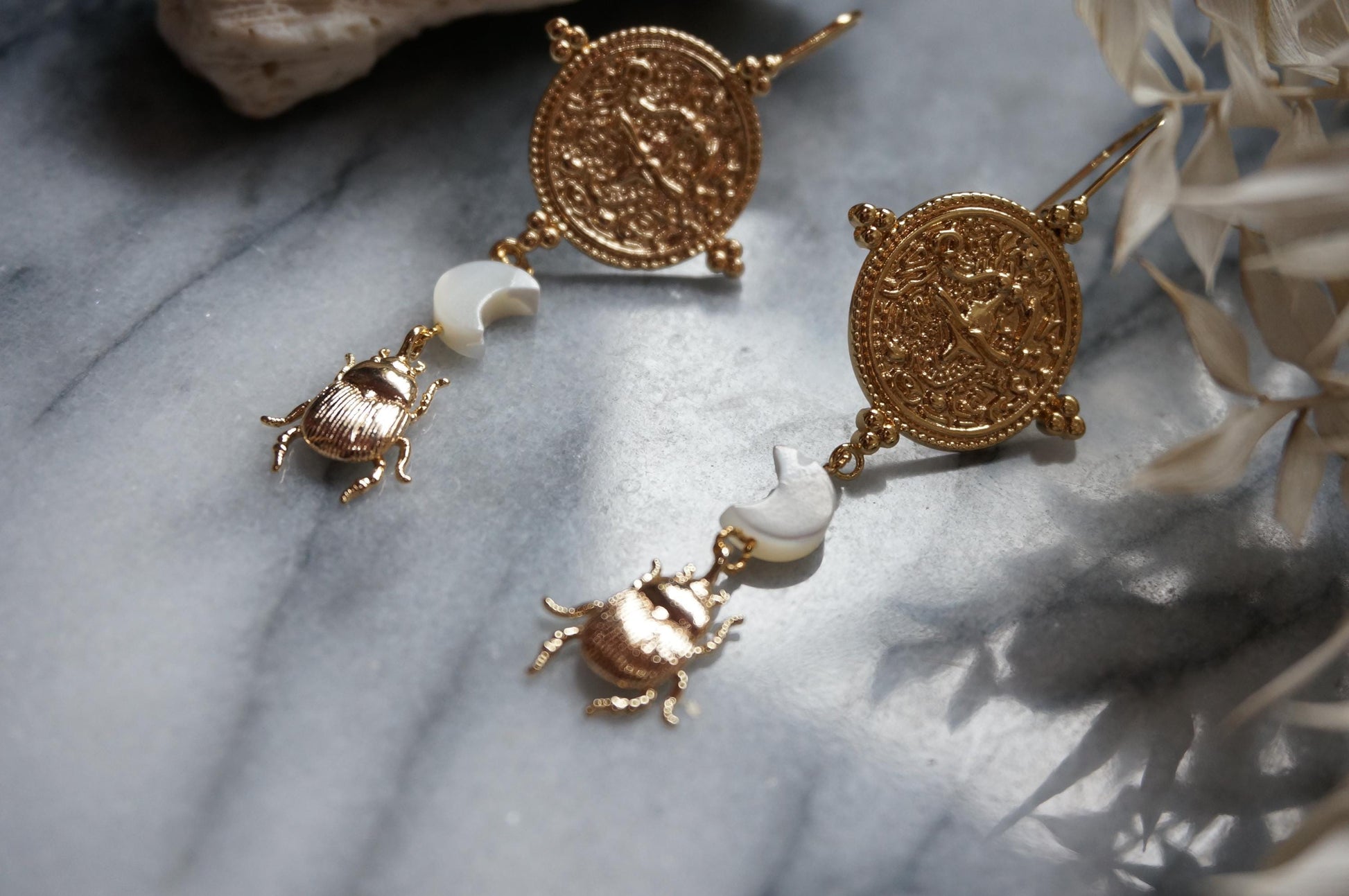 KHONSU Gold Moon and Scarab Earrings/ Mother of Pearl Moon Beads