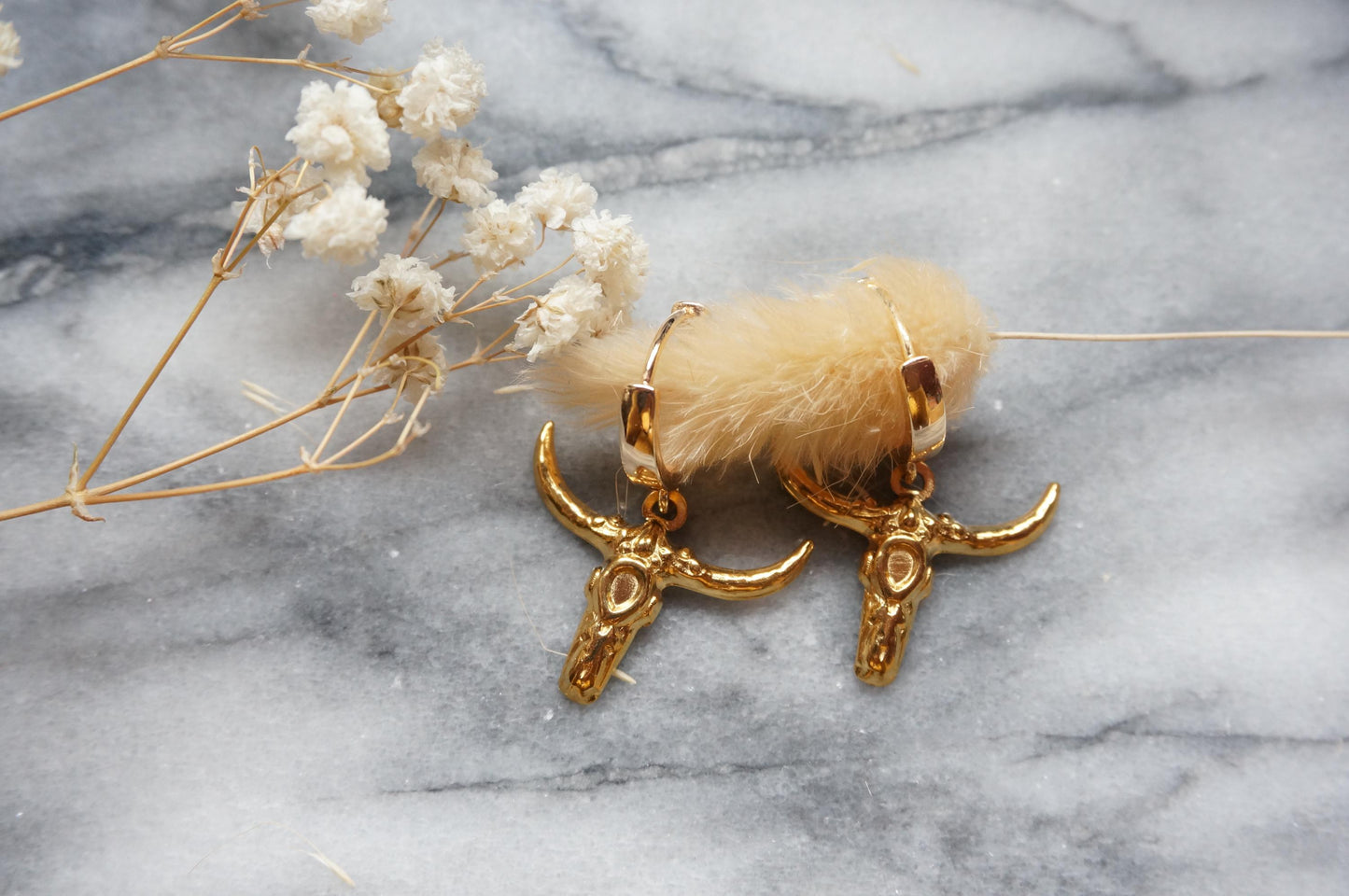 Gold Plated Bull Skull Earrings