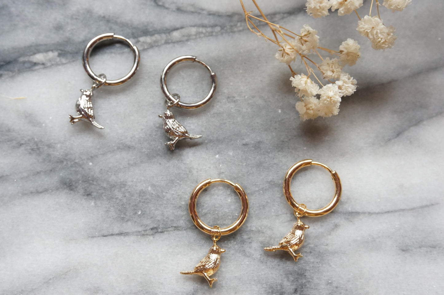 ROBIN Gold/Silver Dainty Bird Huggie Earrings