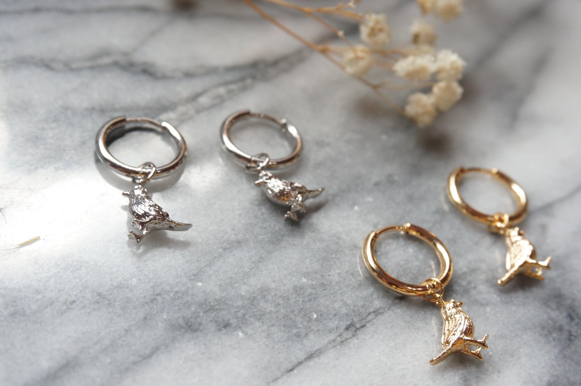 ROBIN Gold/Silver Dainty Bird Huggie Earrings