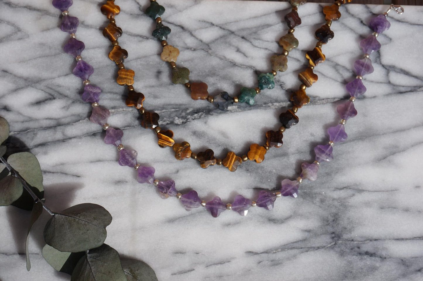 Semi-precious Stone Clover Bead Strand Necklaces / Green, Brown, Purple Stone Bead Necklaces