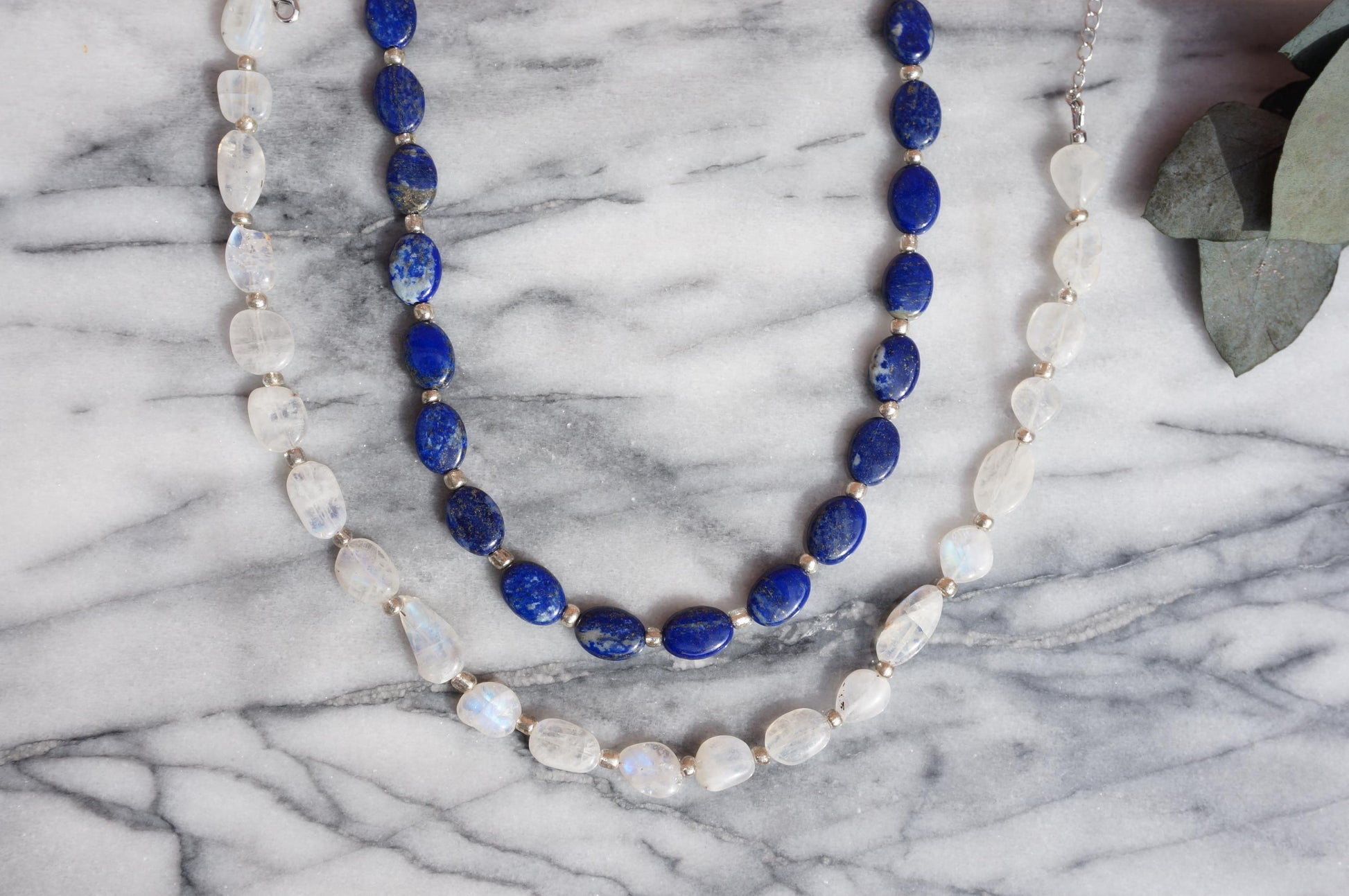 Semi-precious Stone Oval Bead Strand Necklaces / Blue, White Stone Bead Necklaces