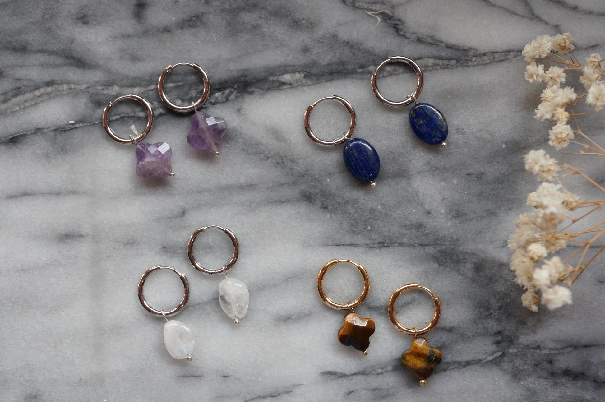 Semi-precious stone bead huggie earrings