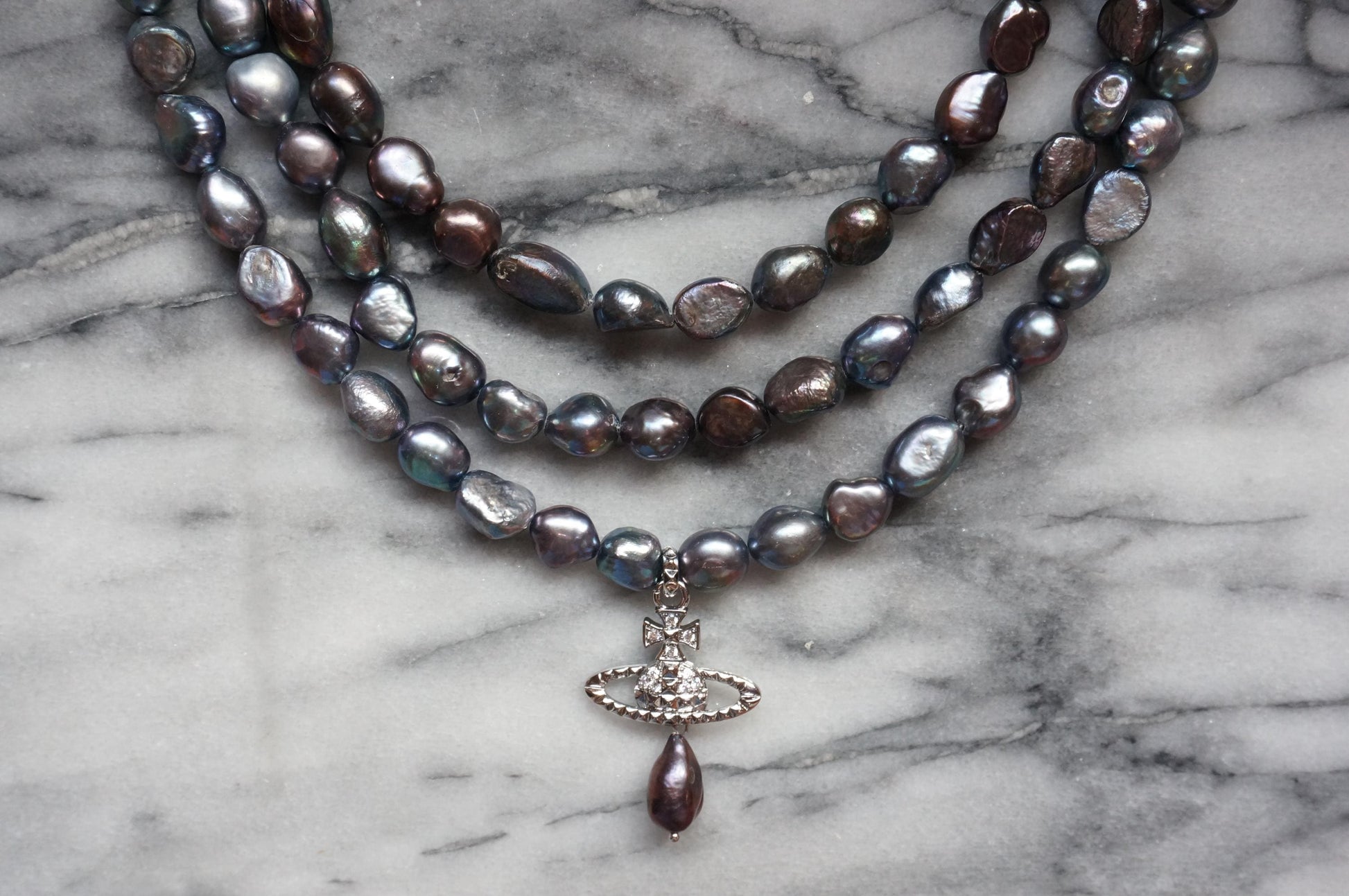 VICTORIA Three Layer Pearl / Black Pearl Necklace / Three Row Pearl Drop Choker