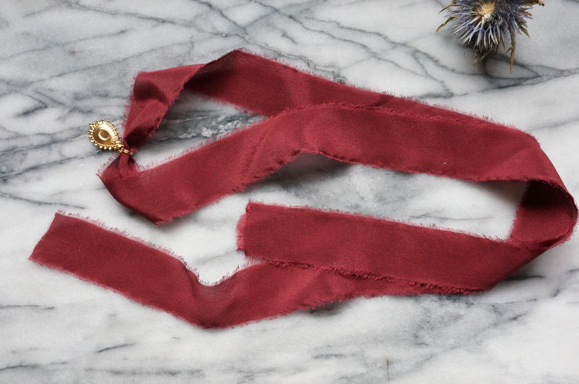 Ornate Teardrop 100% Silk Ribbon Choker / Green/Burgundy Ribbon Choker