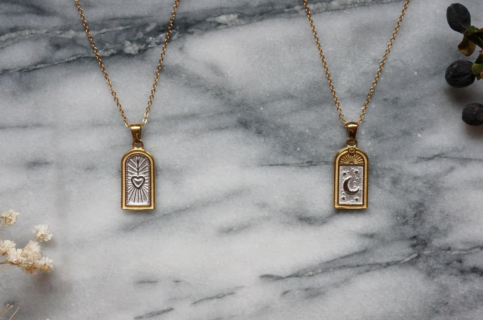 Moon and Heart Window Pendant Necklace / Gold/Silver Window Necklace