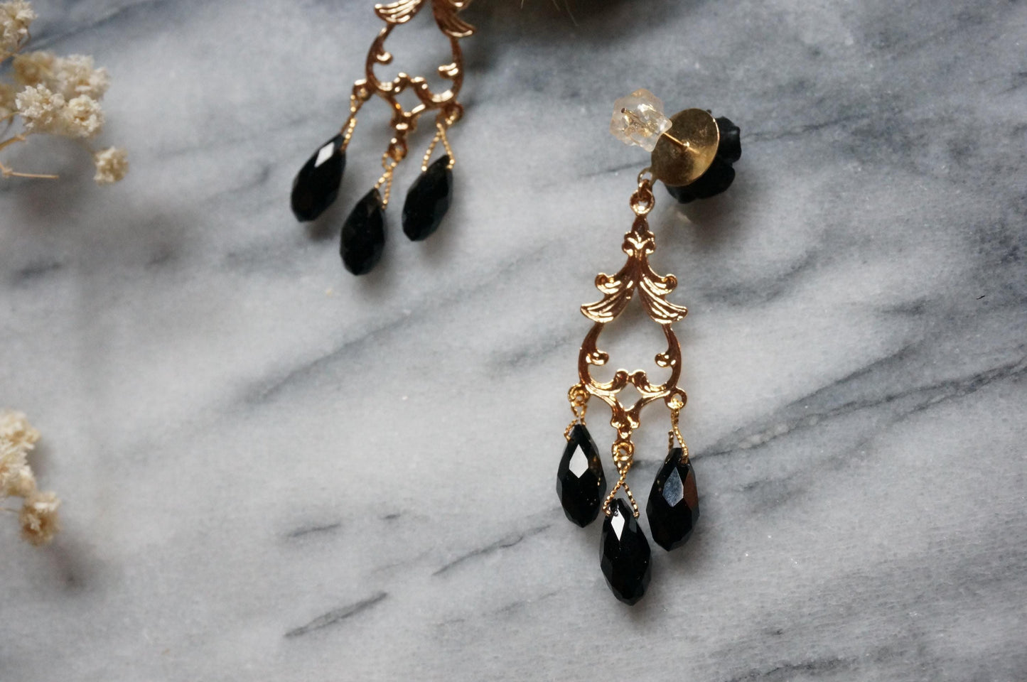 ROSALIND Black and Gold Rose and Filigree with Teardrop Crystals