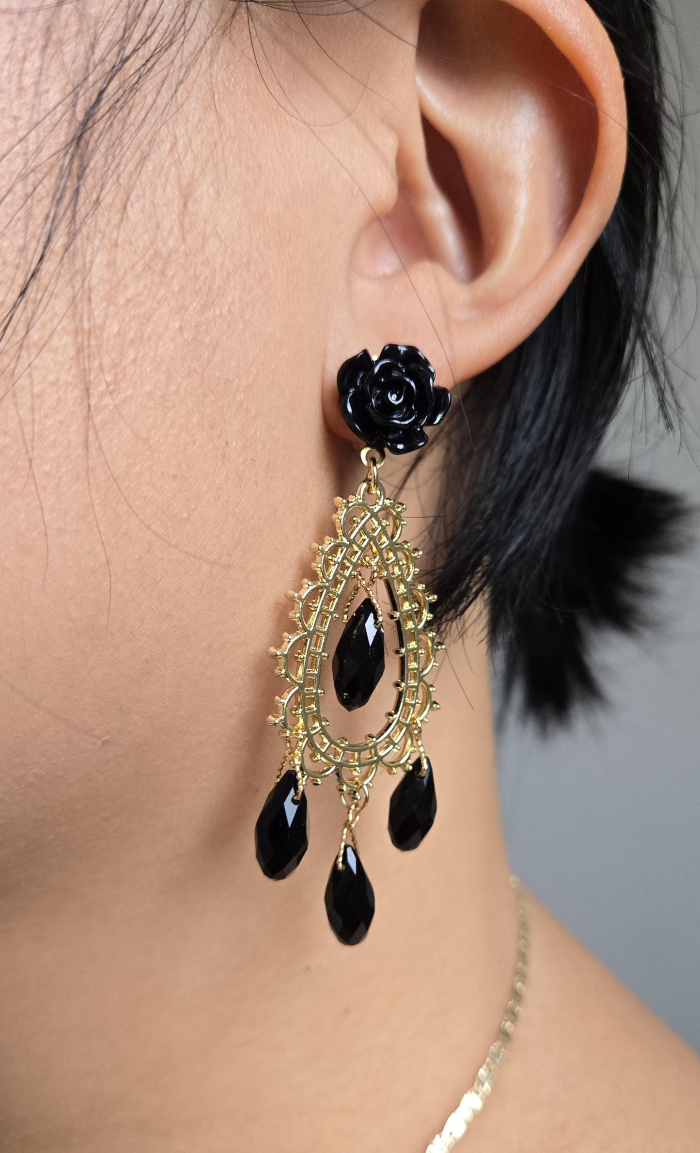 EVELYN Black Rose and Cross Earrings