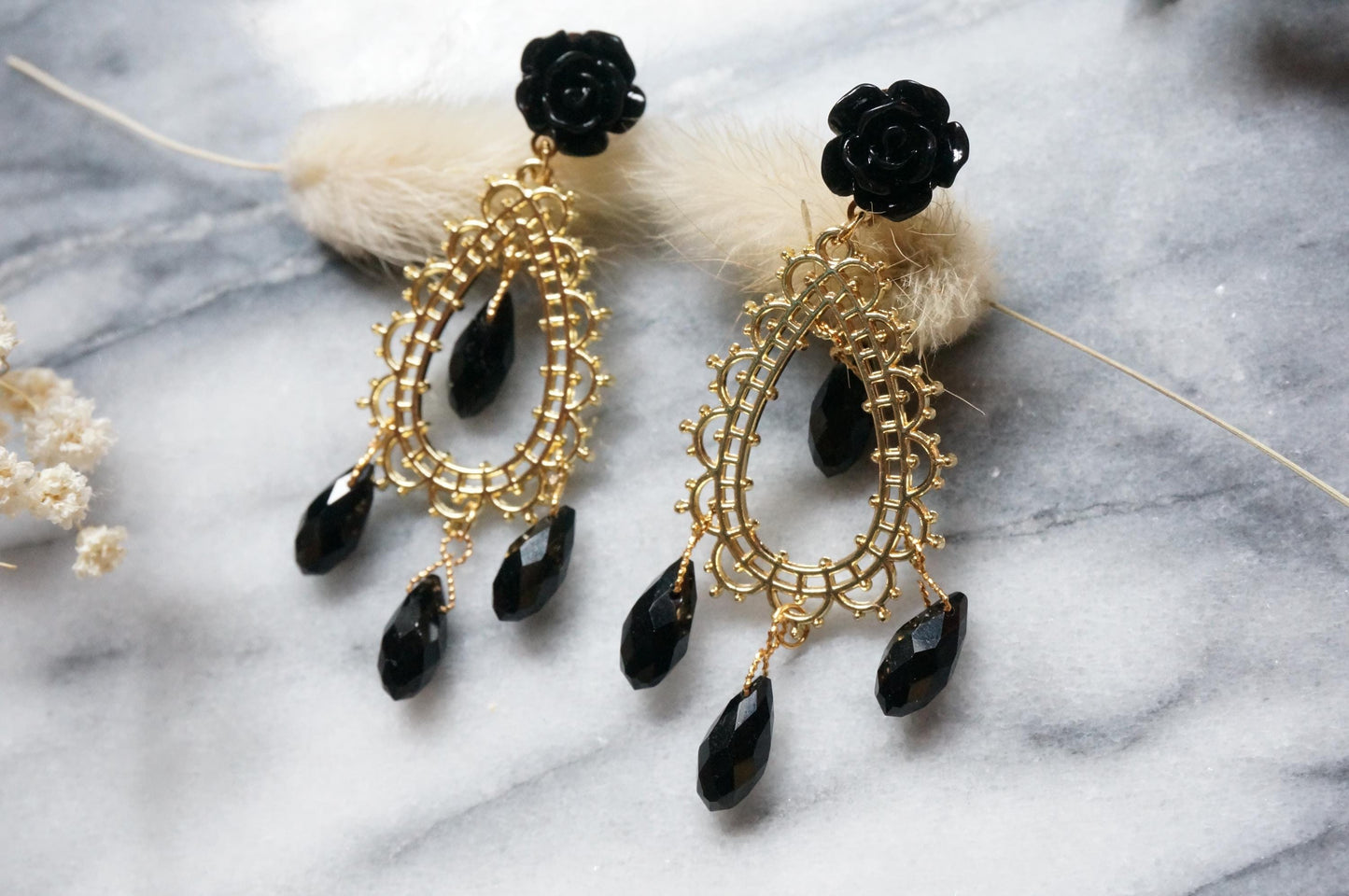 EVELYN Black Rose and Cross Earrings