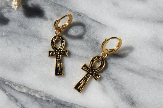 ANKH Black and Gold Huggies / Hoop Earrings / Huggie Earrings