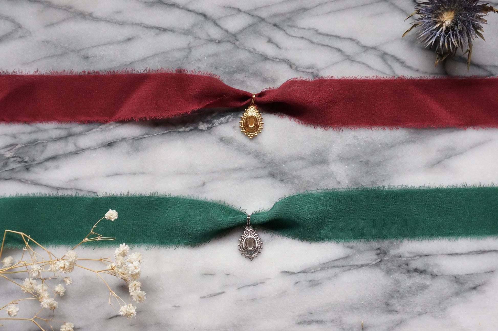 Ornate Teardrop 100% Silk Ribbon Choker / Green/Burgundy Ribbon Choker