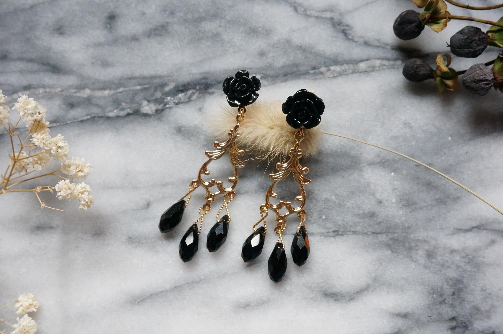 ROSALIND Black and Gold Rose and Filigree with Teardrop Crystals