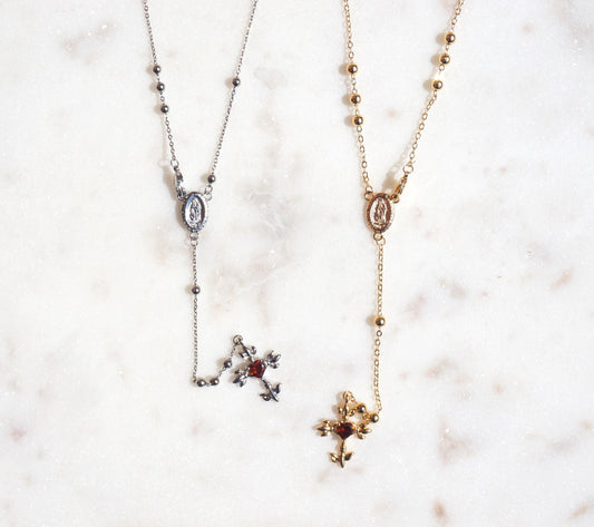 Red Heart Cross Rosary Style Necklace Gold/Silver