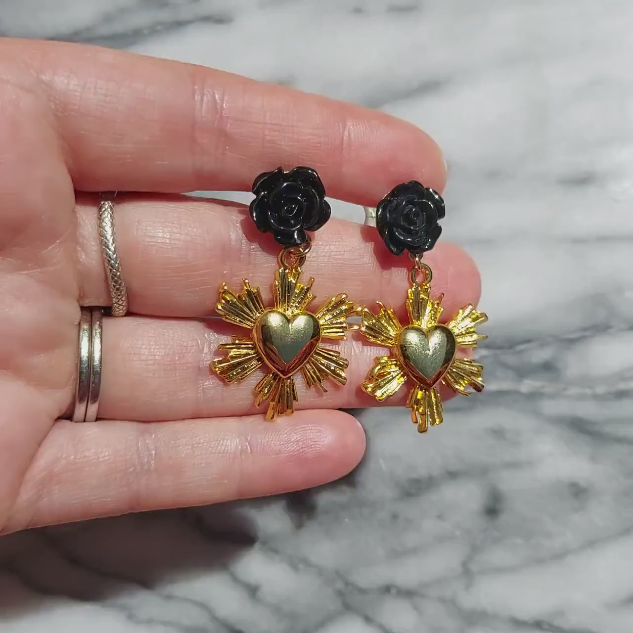 Radiant heart and Black Rose Stud Earrings