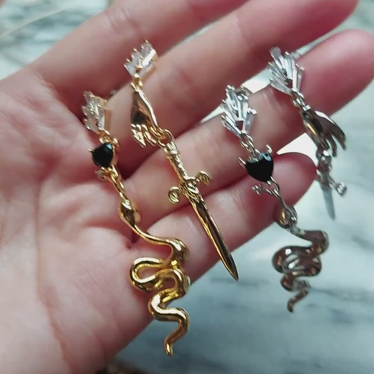 HERMES Gold/Silver Dagger and Serpent Mismatched Earrings/ Sword and Snake Earrings