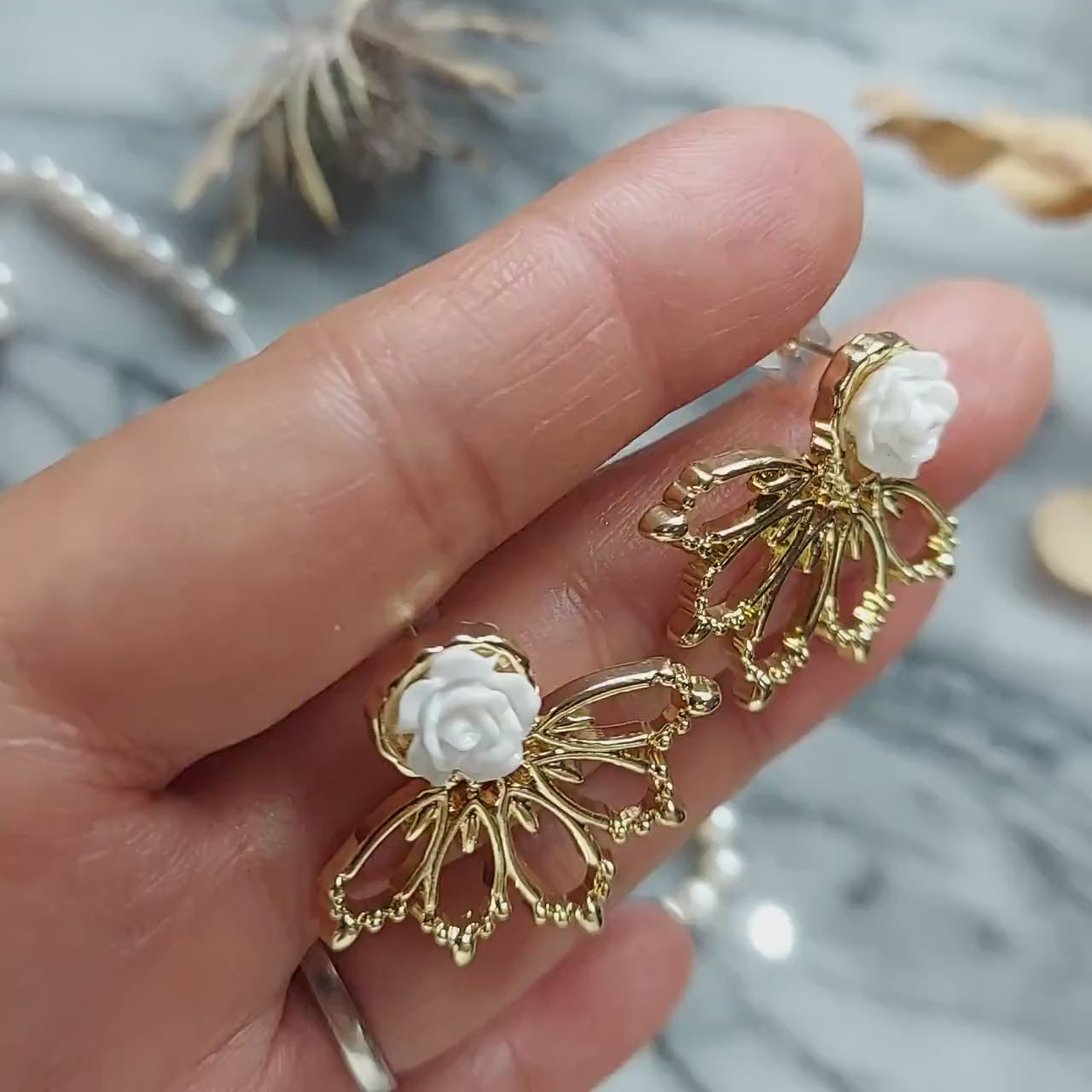 White Rose Gold Radial Stud Earrings