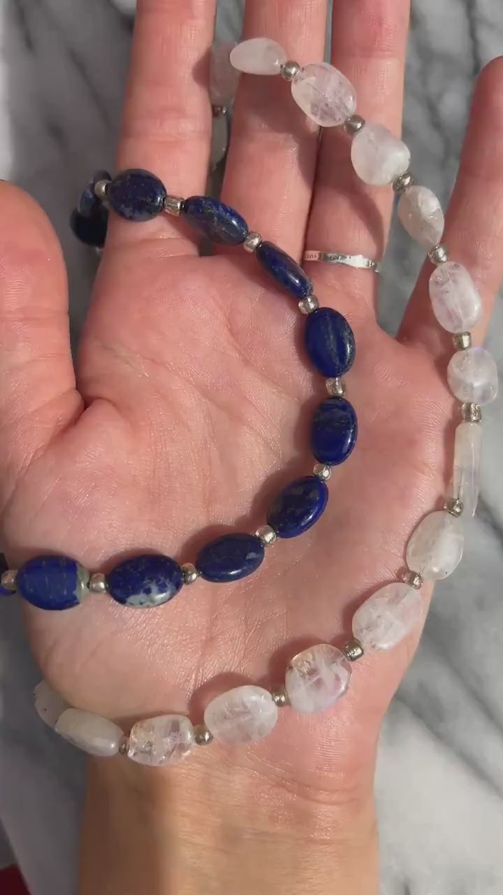 Semi-precious Stone Oval Bead Strand Necklaces / Blue, White Stone Bead Necklaces