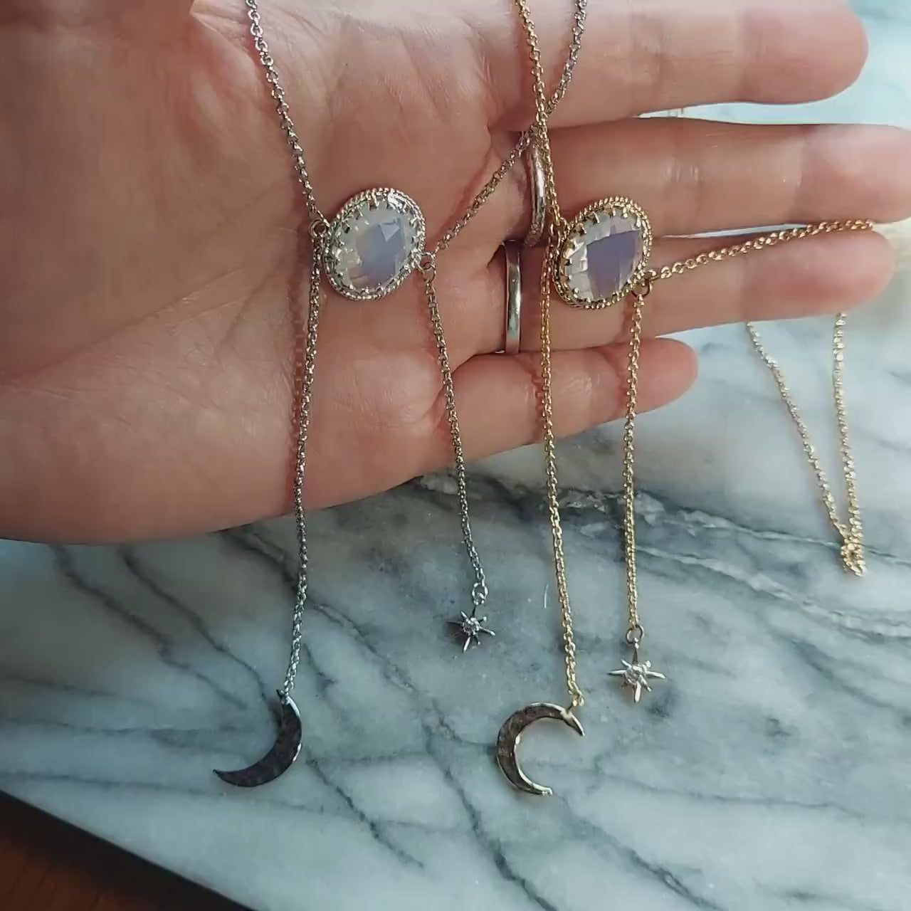 ISHTAR Moonstone, Moon and Star Necklace in Gold / Silver