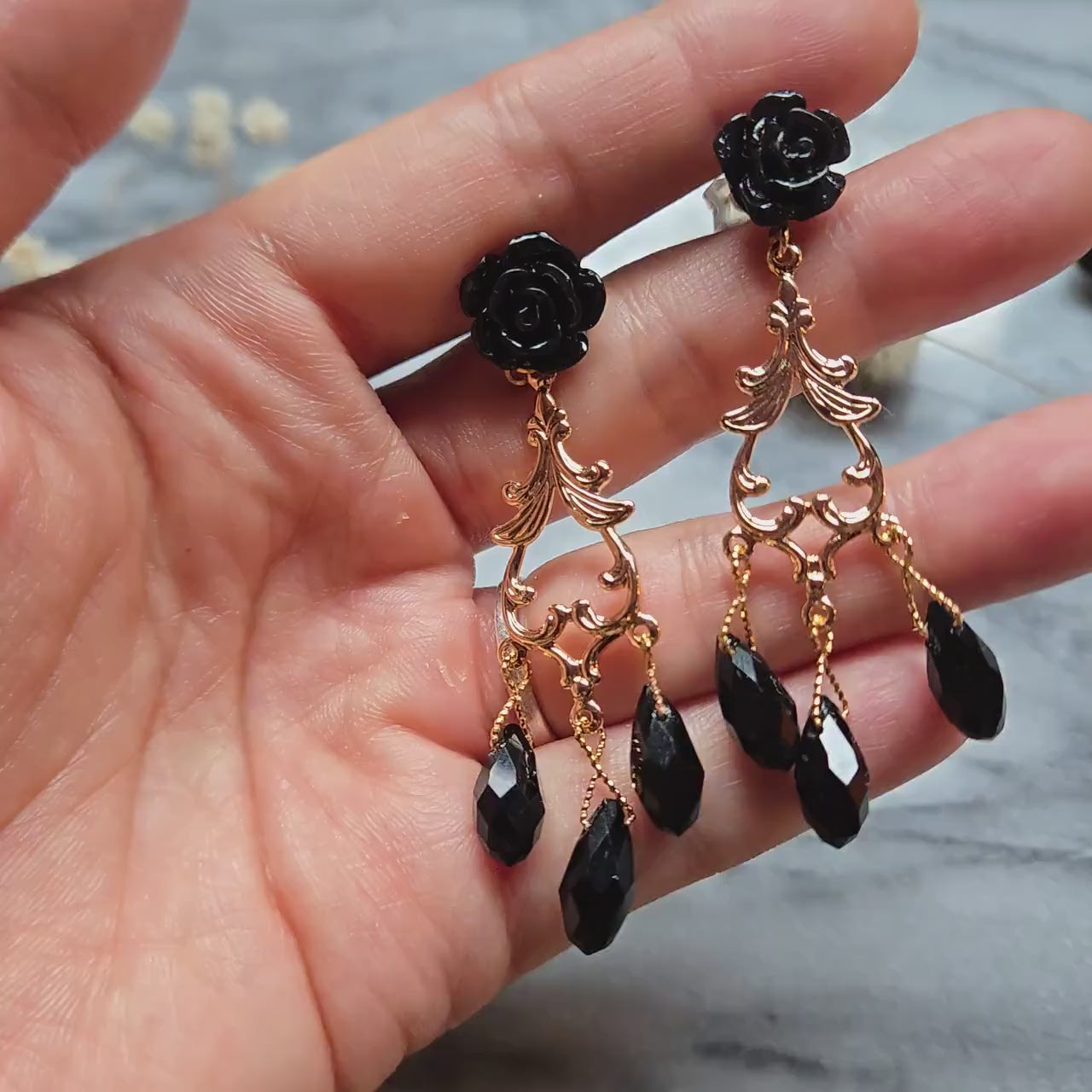 ROSALIND Black and Gold Rose and Filigree with Teardrop Crystals