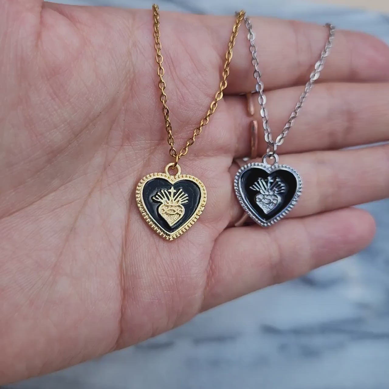 Sacred Heart Black Enamel Necklace in Gold / Silver