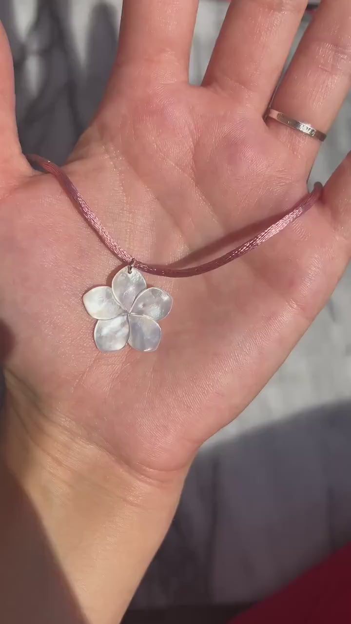 Pearl Hibiscus Pendant Nylon Sateen Cord Necklace