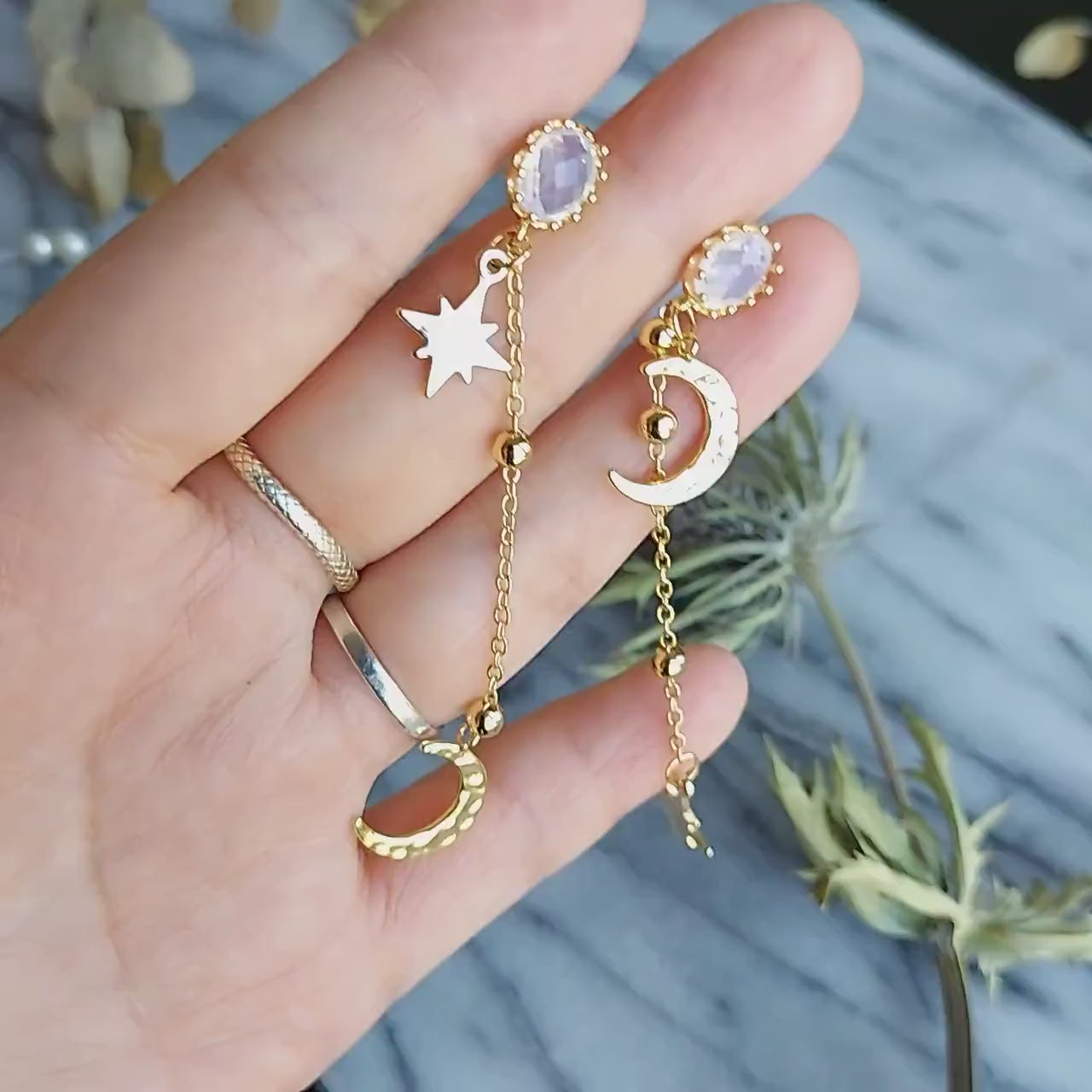 GEMINI Moon and Star Dangle Earrings / Celestial Earrings