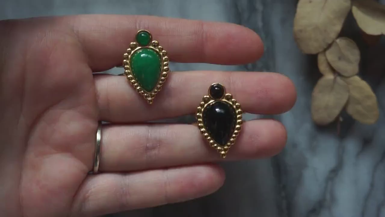 TAJ Gold Plated Green/Black Teardrop Gem Rings