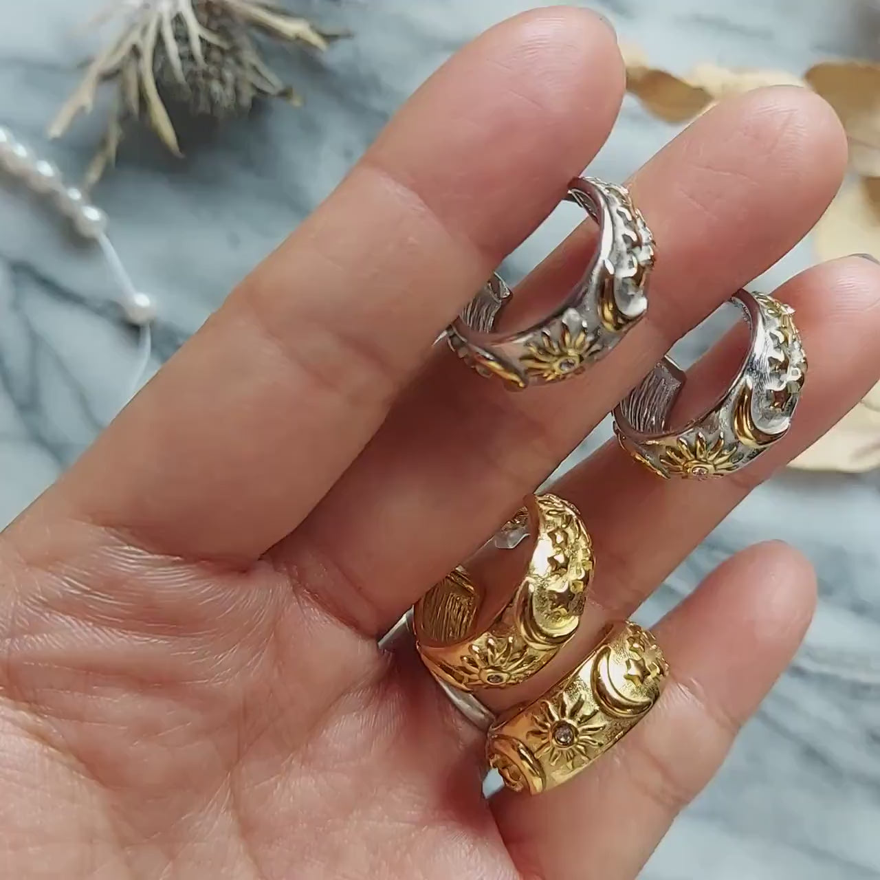 Celestial Engraved Chunky Hoop Earrings / Gold Plated / Silver Thick Hoop Earrings / Moon Sun Star