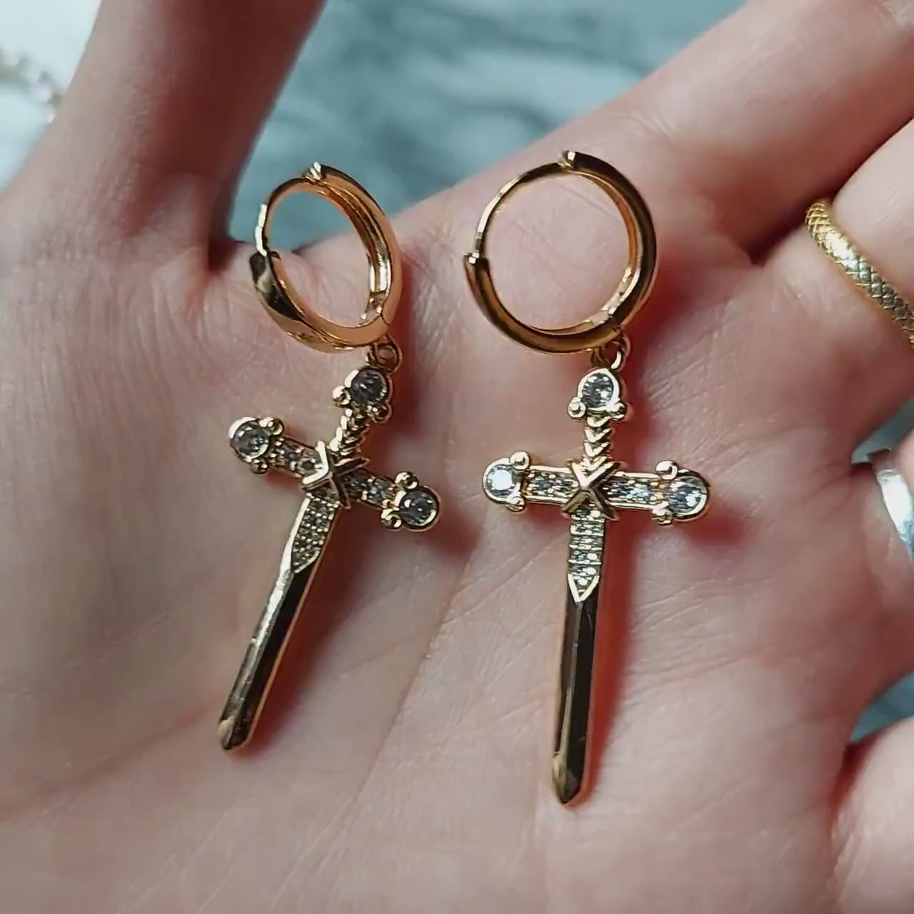 EXCALIBUR Sword Huggie Earrings / Gold Sword Hoop Earrings