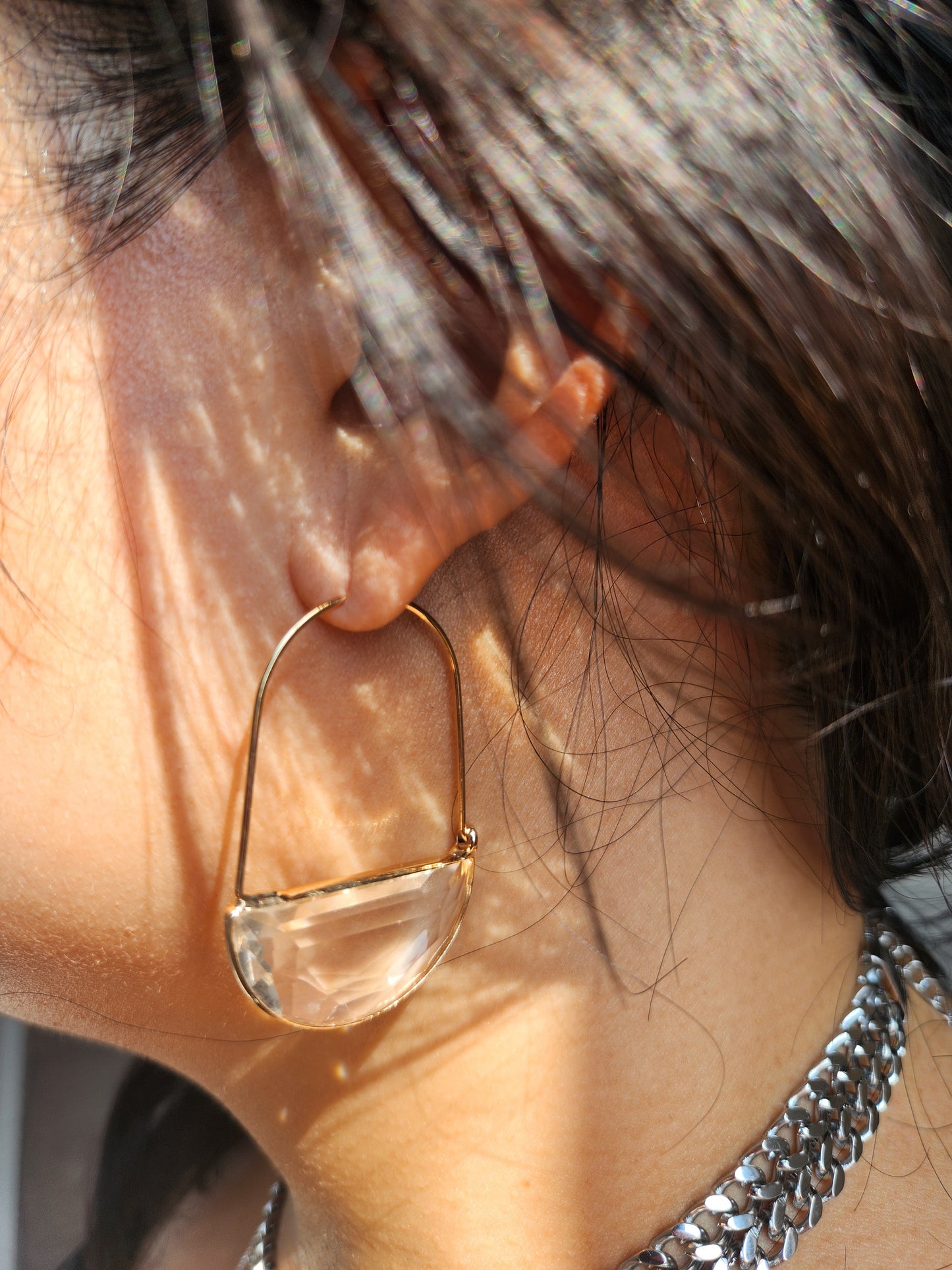 Glass Half Moon Hoop Earrings / Black Brown Clear / Geometric Hoop Earrings
