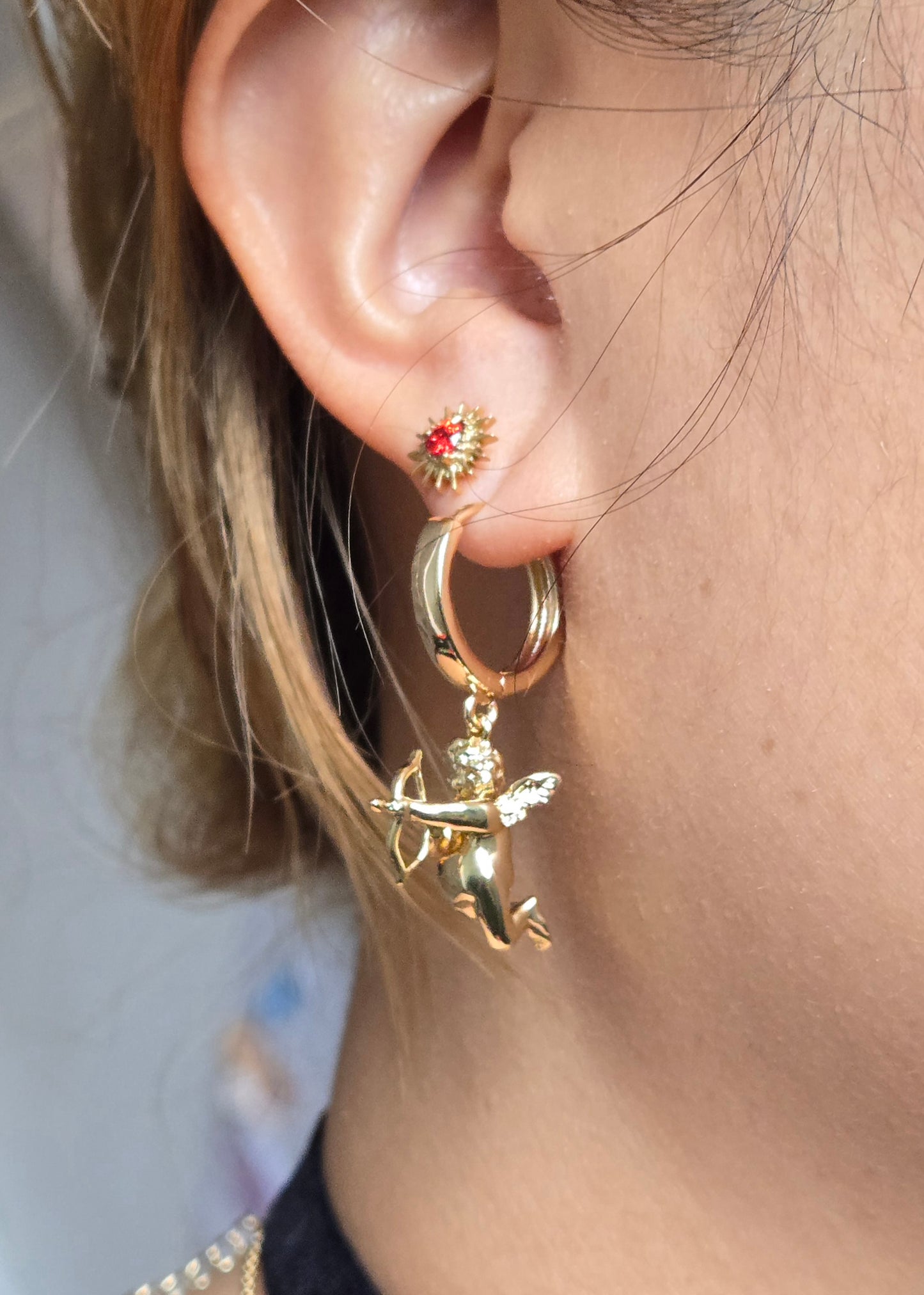CUPID 18k Gold  Plated Cherub Angel Chunky Huggies/ Hoop Earrings