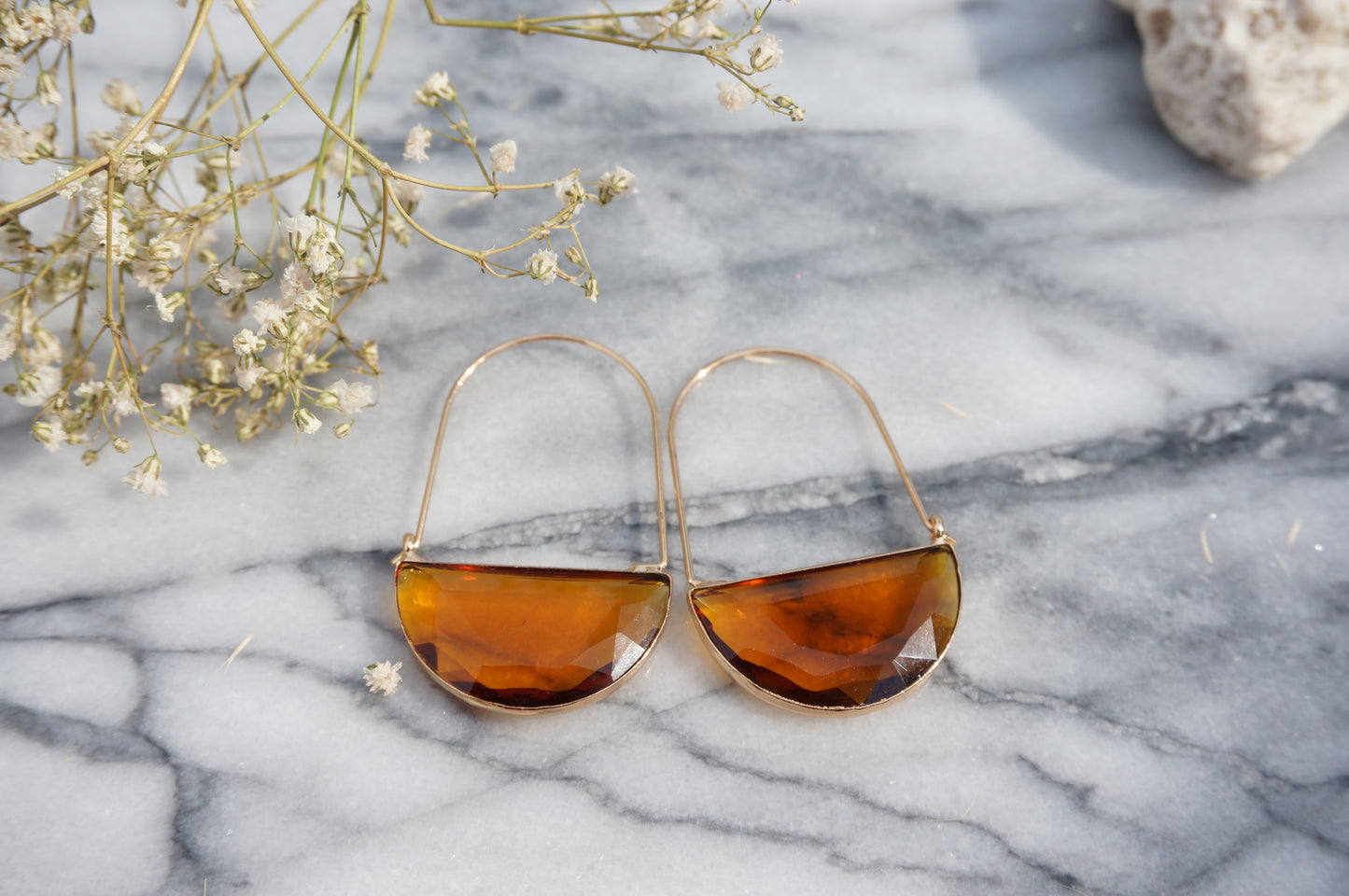 Glass Half Moon Hoop Earrings / Black Brown Clear / Geometric Hoop Earrings