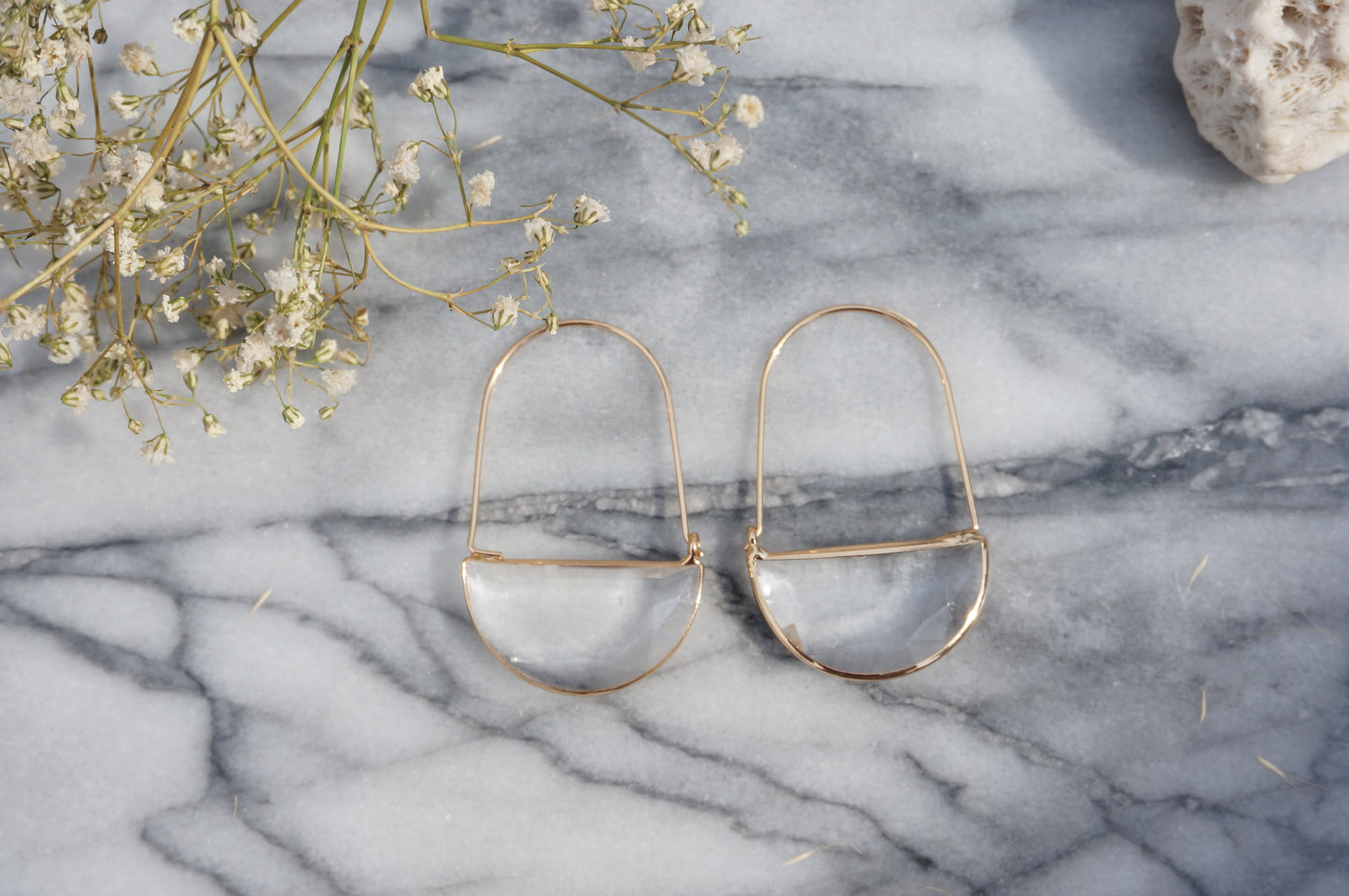 Glass Half Moon Hoop Earrings / Black Brown Clear / Geometric Hoop Earrings