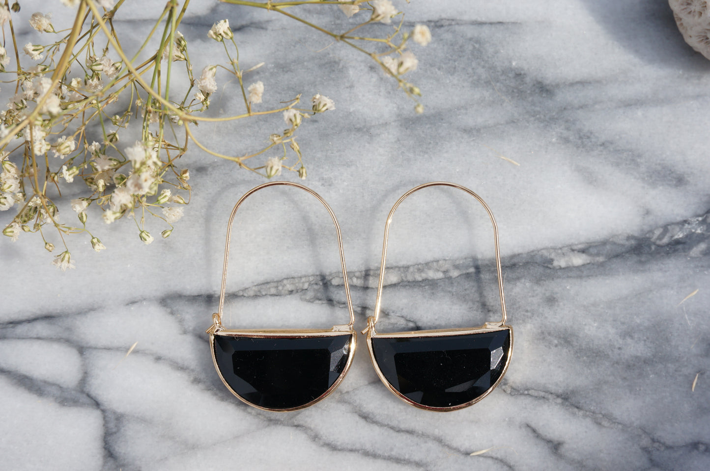 Glass Half Moon Hoop Earrings / Black Brown Clear / Geometric Hoop Earrings