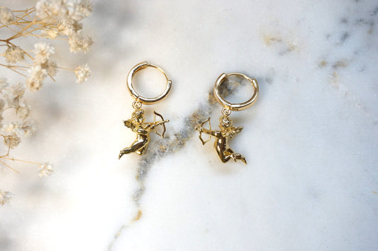 CUPID 18k Gold  Plated Cherub Angel Chunky Huggies/ Hoop Earrings