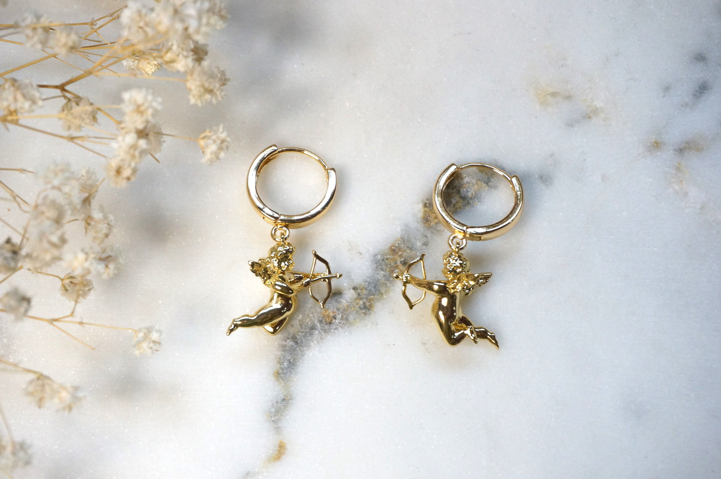 CUPID 18k Gold  Plated Cherub Angel Chunky Huggies/ Hoop Earrings