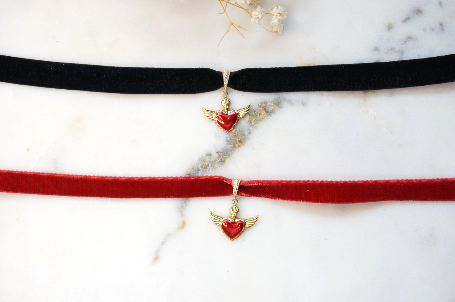 Gold Winged Sacred Heart / Dainty Sacred Heart Velvet Choker