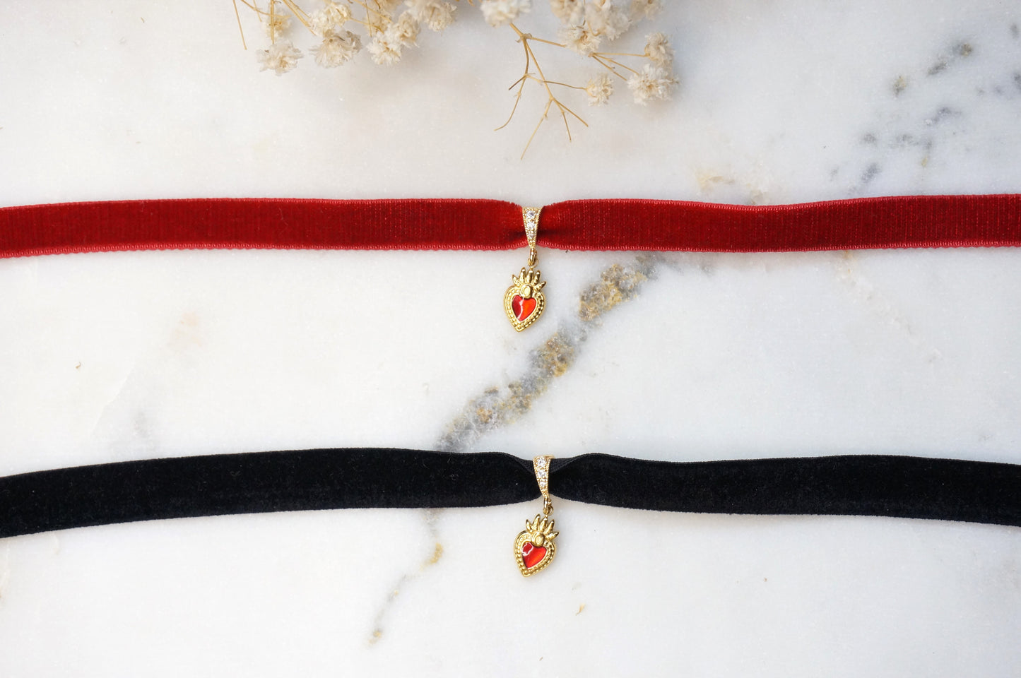 Gold Winged Sacred Heart / Dainty Sacred Heart Velvet Choker