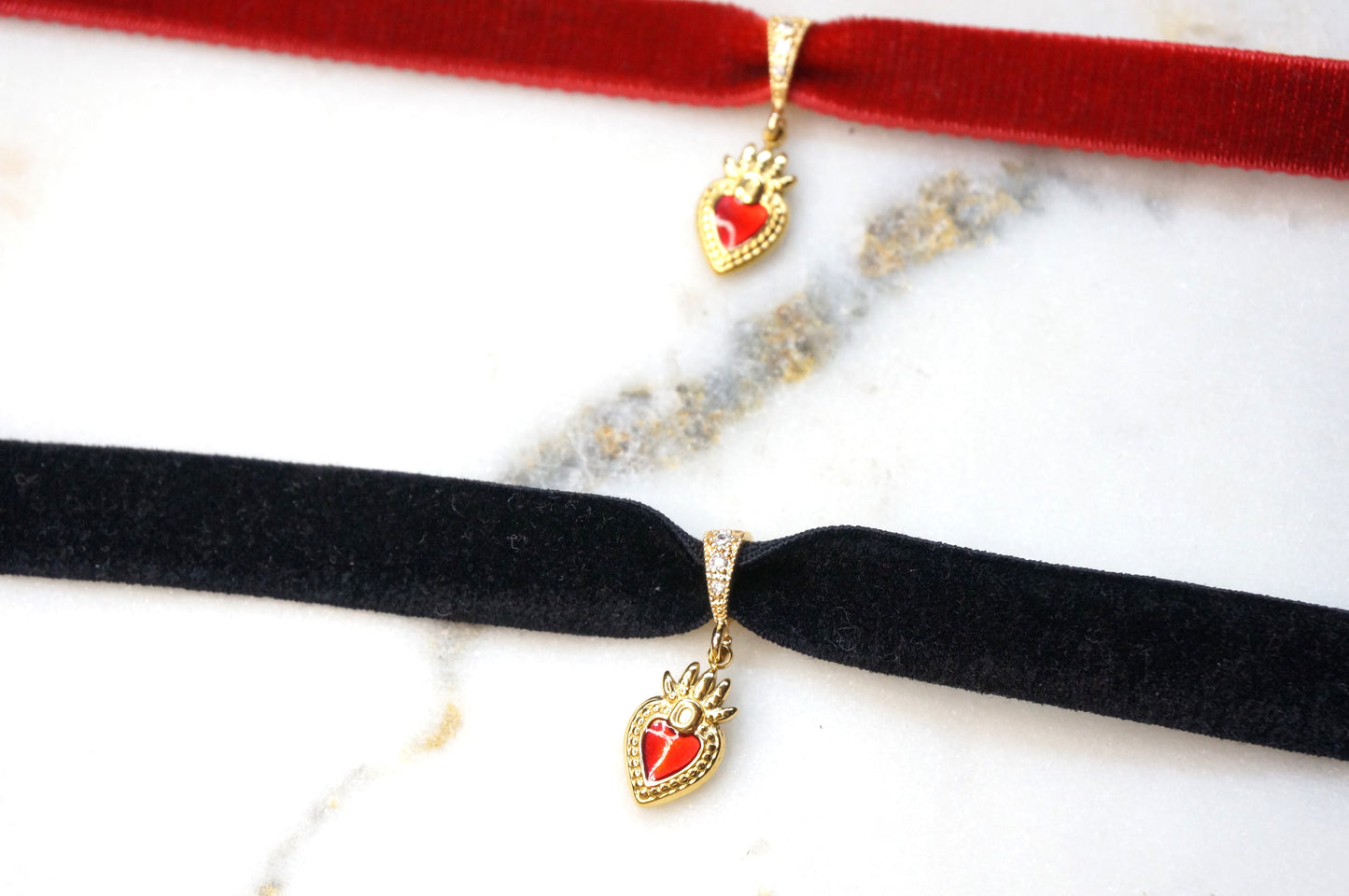 Gold Winged Sacred Heart / Dainty Sacred Heart Velvet Choker