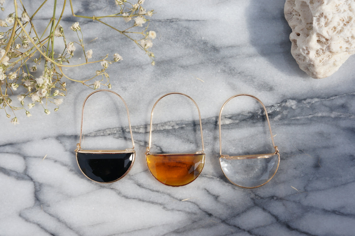 Glass Half Moon Hoop Earrings / Black Brown Clear / Geometric Hoop Earrings