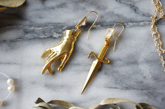 Gold Dagger and Tarot Hand Mismatched Crystal Earrings