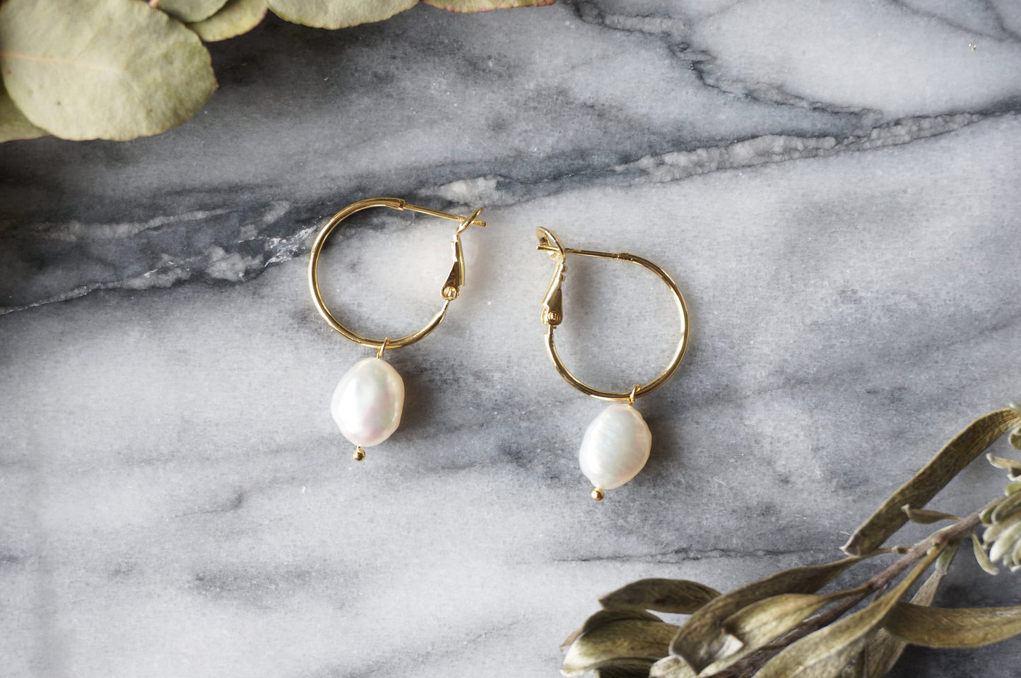 18k Gold Plated Hoop Baroque Pearl Earrings / Minimalist Pearl Earrings