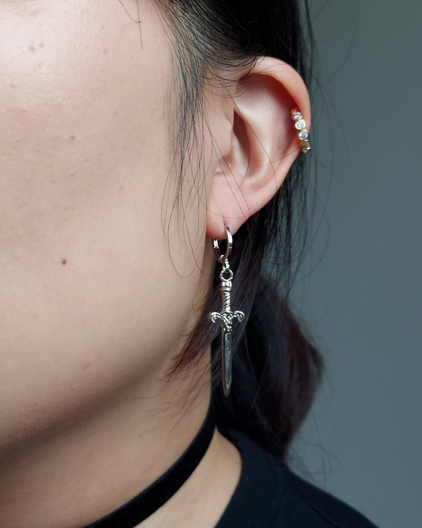Gold/Silver Antique Dagger SINGLE Huggie Hoop Earring / Tarot Sword Earring SINGLE